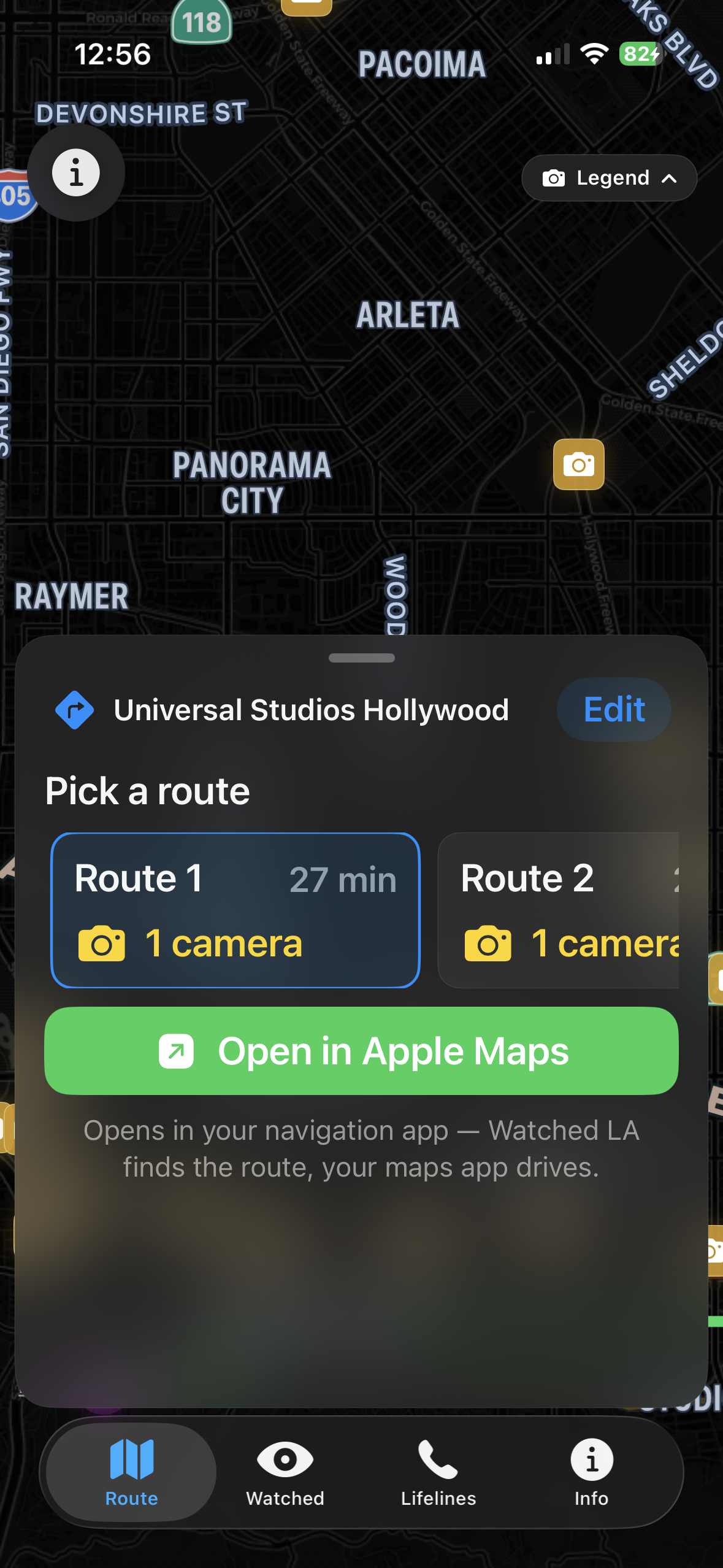 Route results showing camera-aware navigation